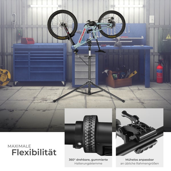 Fahrradmontageständer tectake Tristan inklusive Vorderrad-Stabilisator und magnetischer Werkzeugablage Belastbarkeit 50 kg, klappbar mit Schnellverschlüssen schwarz