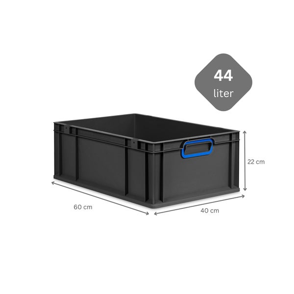 PROREGAL SparSet 5x Eurobox NextGen Color, HxBxT 22x40x60cm, 44 Liter, Griffe blau geschlossen, Verstärkter Boden, Schwarz, Eurobehälter, Transportbox, Transportbehälter, Stapelbehälter