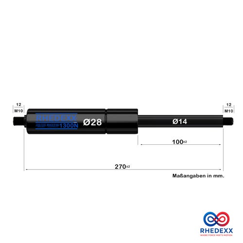 RHEDEXX Gasdruckfeder: Länge 270 Millimeter, Hub 100 Millimeter, Durchmesser 28 und 14 Millimeter, Kraft 1300 Newton, Gewinde M10.