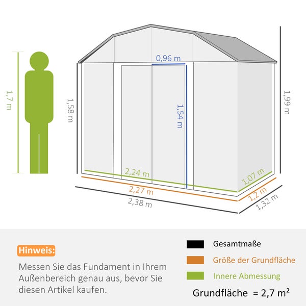 Outsunny Gerätehaus, 2,7 m² Geräteschuppen mit UV-Schutz, 2 Schiebetüren, Regal, 238 x 132 x 198,5 cm, Stahl, Dunkelgrau