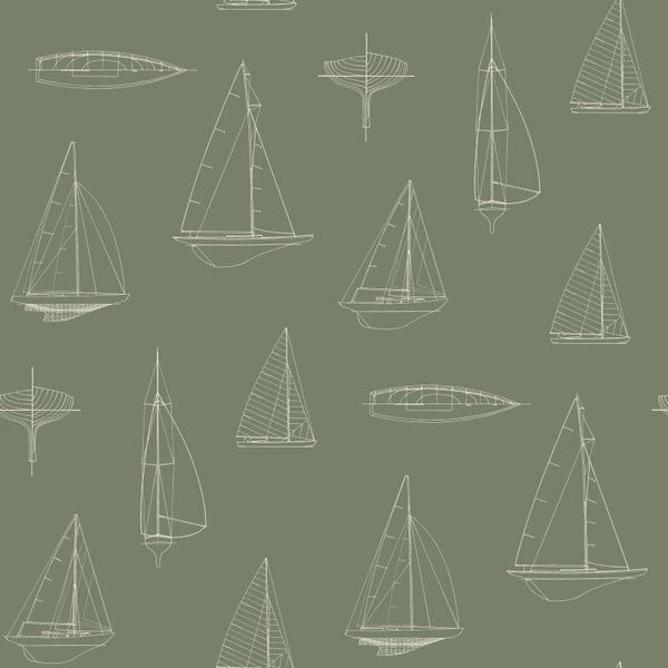 Vliestapete mit Segelschiff-Muster im Stil einer technischen Zeichnung.