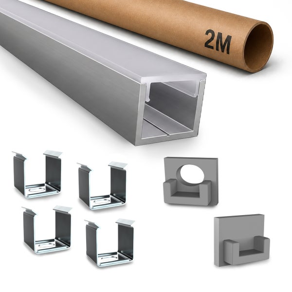 LED Aluminiumprofil in 2 Meter Länge mit Abdeckung und Zubehör inklusive Halteklammern und Endkappen für LED Streifen