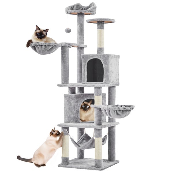 Grauer Katzenkratzbaum mit Liegeflächen und Katzen