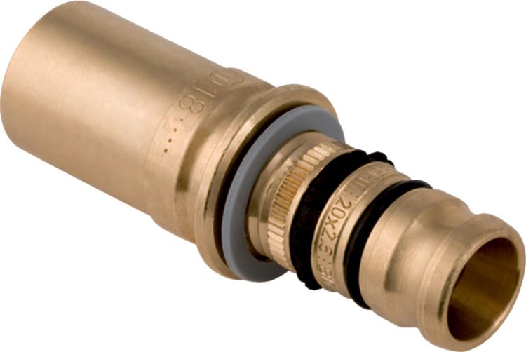 Pressfitting aus Messing für Verbundrohre mit Dichtungsringen.