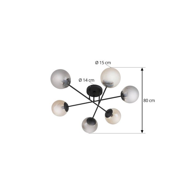 Deckenleuchte mit sechs Leuchtenarmen und kugelförmigen Lampenschirmen mit einem Durchmesser von 14 und 15 Zentimetern. Die Deckenleuchte ist 80 Zentimeter hoch.