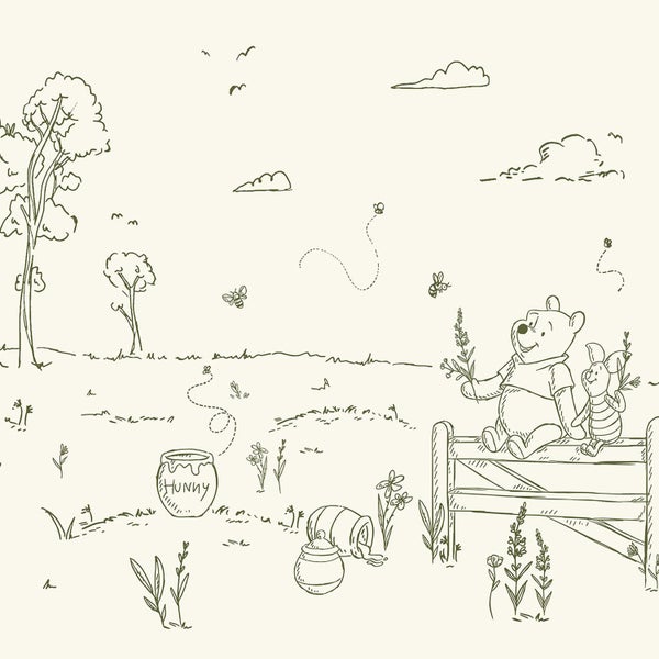 Illustration mit Pu der Bär und Ferkel auf einer Bank in einer Waldlandschaft mit Honigtopf