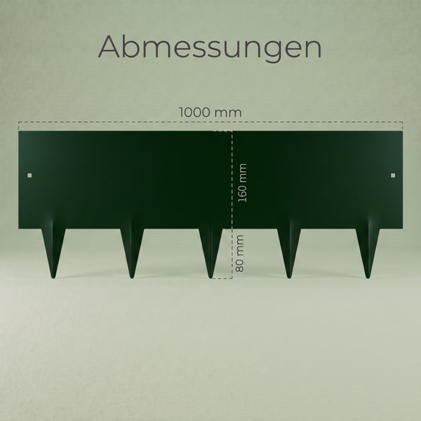 Beetbegrenzung aus Metall mit einer Gesamtlänge von 1000 Millimeter und einer Höhe von 160 Millimeter inklusive Erdspießen.