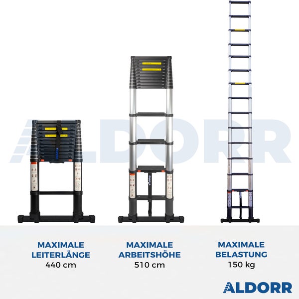 ALDORR Professional - Teleskopleiter 4,40M mit ausziehbarer Stabilisatorstange - Belastbarkeit bis zu 150kg - Soft-Close-System
