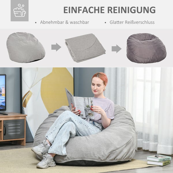 HOMCOM Sitzsack aufblasbares Sofa Bodensessel Sitzkissen gepolstert mit 2 Seitentaschen waschbar für Wohnzimmer Liege Schlafzimmer Polyester-Gewebe Schaumstoff-Füllung Hellgrau Ø115x71 cm