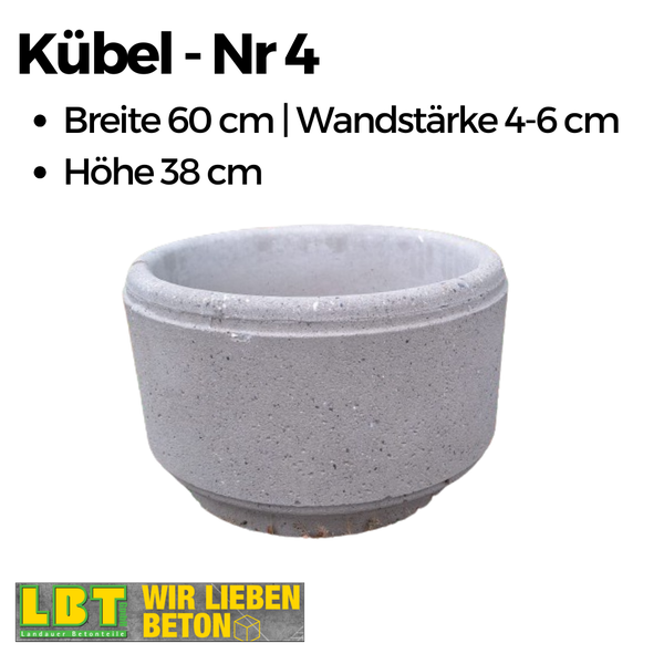 Runder Pflanzkübel aus Beton, Breite 60 Zentimeter, Höhe 38 Zentimeter, Wandstärke 4 bis 6 Zentimeter, Landauer Betonteile Logo.