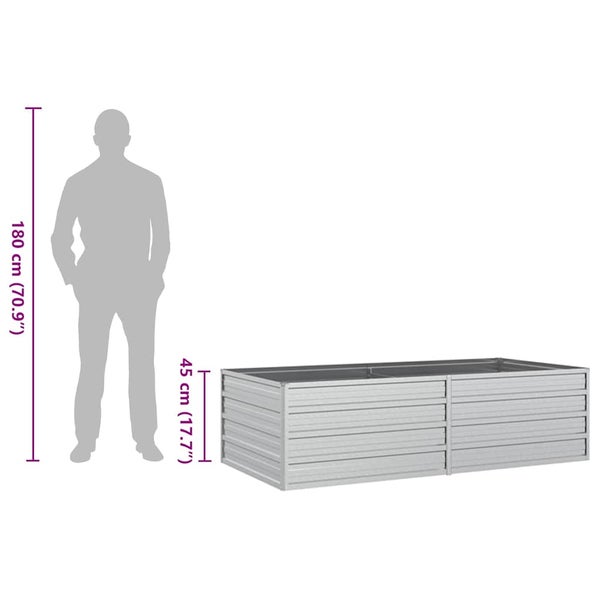 Hochbeet aus verzinktem Stahl mit einer Höhe von 45 Zentimetern im Größenvergleich zu einer Person von 180 Zentimetern.