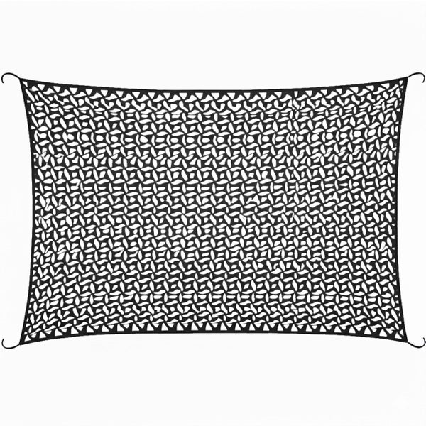 Schwarzes Tarnnetz mit lasergeschnittenem Muster, rechteckig, für Sonnenschutz und Dekoration.