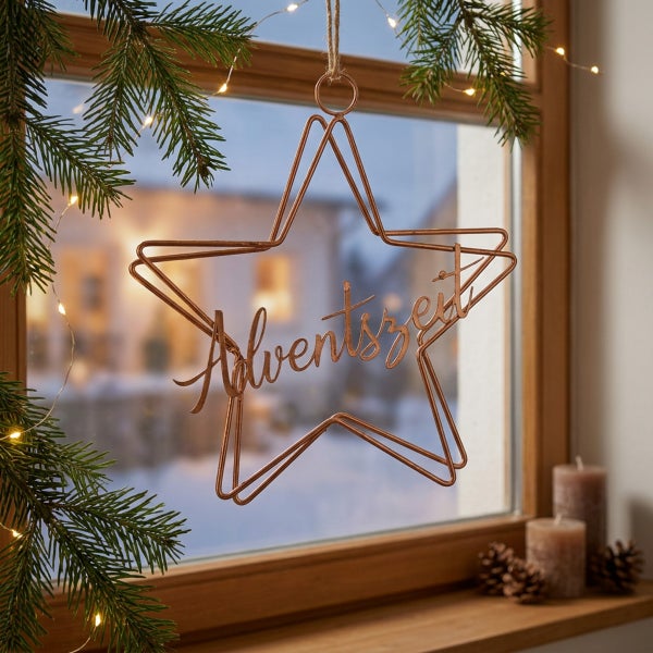 Hängender Drahtstern mit Schriftzug Adventszeit als weihnachtliche Fensterdekoration mit Tannenbäumen und Lichterkette.