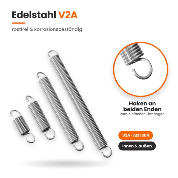 Set mit vier Zugfedern aus rostfreiem Edelstahl V2A mit Haken an beiden Enden für den Innen und Außenbereich