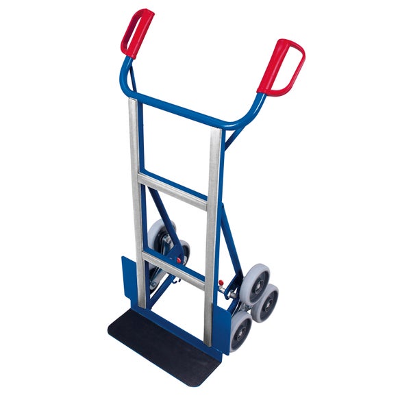 Blaue Treppensteiger-Sackkarre aus Metall mit Drei-Rad-Stern-System und roten Sicherheitsgriffen.