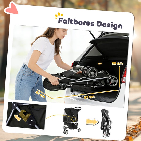 Eine Frau verstaut einen zusammengeklappten Hundewagen im Kofferraum. Maße: 87 Zentimeter mal 44 Zentimeter mal 30 Zentimeter.