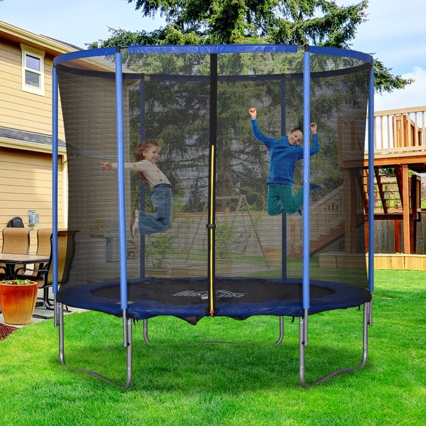 HOMCOM Fitnesstrampolin mit Sicherheitsnetz, Gartentrampolin für Innen- und Außenbereich, bis 113,6 kg für Kinder und Erwachsene, Ø244 x 240H cm, Stahl, Blau+Schwarz
