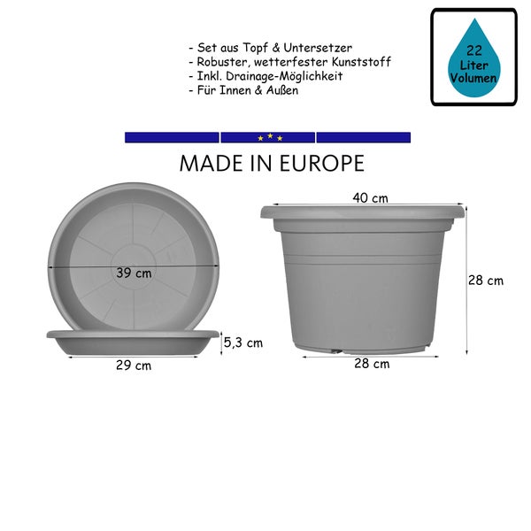 BigDean 3x Blumentopf Ø 40 cm Farbe Terrakotta & Untersetzer Kunststoff Pflanztopf Containertopf Übertopf Pflanzkübel rund 40 x 28 cm Blumentöpfe