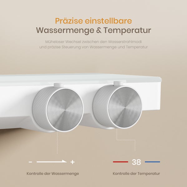 EMKE Duschsystem mit Thermostat, LED-Temperaturanzeige, Regendusche 36 x 24 cm, 4 Strahlarten, höhenverstellbare Brausestange, Weiß Matt