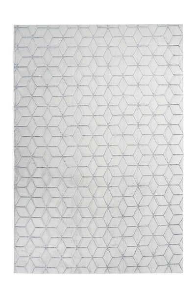 Hellgrauer Teppich mit geometrischem Würfelmuster und dreidimensionalem Effekt.