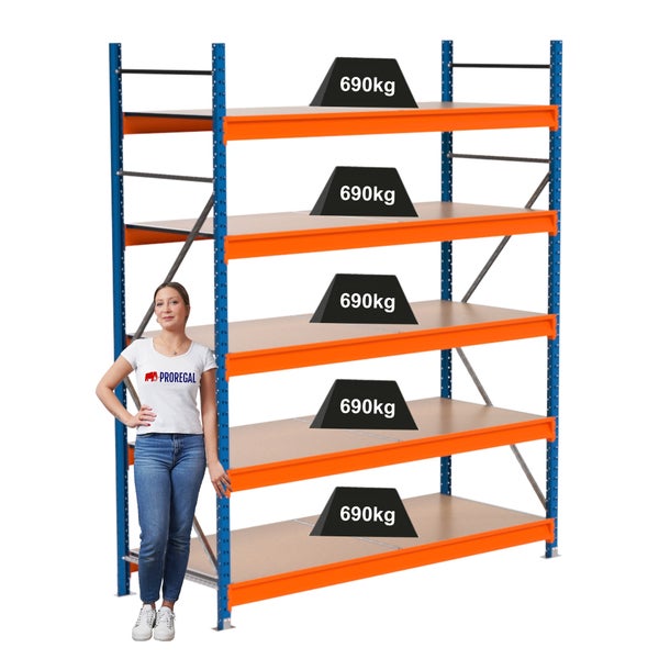Schwerlastregal mit fünf Regalböden und einer Traglast von 690 kg pro Boden