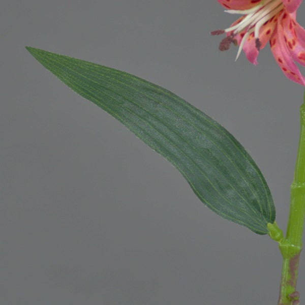 Künstliche rosa Tigerlilie mit gefleckten Blütenblättern und grünem Stiel.