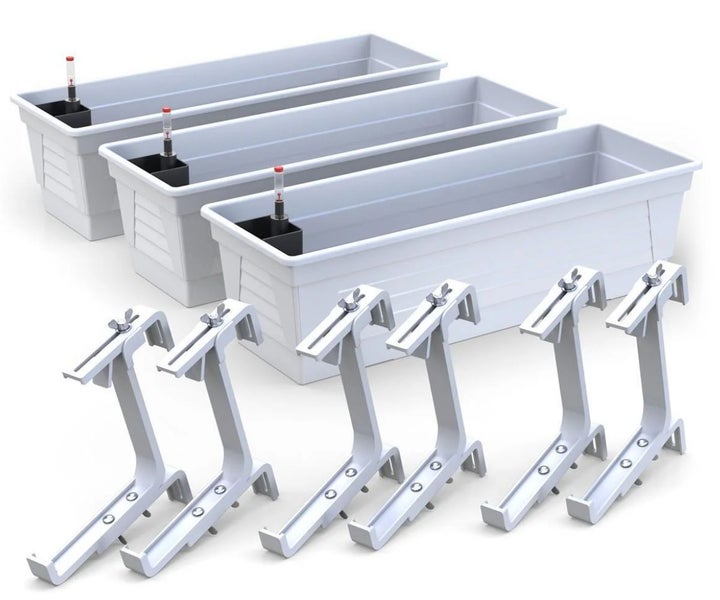 Plastard Blumenkasten 3er Set 80 cm lang mit Hydroeinsatz Wasserstandsanzeiger und Balkonhalterung Pflanzkasten Farbe Weiß