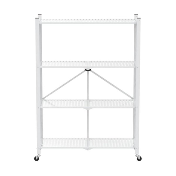 Weißes Klappregal mit vier Regalböden und Rollen