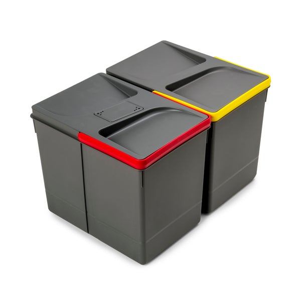 Zwei graue Mülltrennsysteme aus Kunststoff mit Deckeln und farbigen Akzenten in Rot und Gelb.