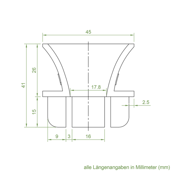 Technische Zeichnung mit Maßangaben in Millimetern für ein konisches Bauteil zur Montage oder Befestigung.