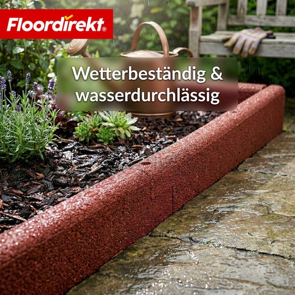 Gartenszene mit Rasenkante aus Gummigranulat, wetterbeständig und wasserdurchlässig.