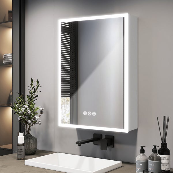 EMKE Badspiegelschrank mit LED Beleuchtung, Spiegelschrank mit Steckdose, 3 dimmbare Lichtfarben, Beschlagfrei, Weiß, 50 x 70 cm