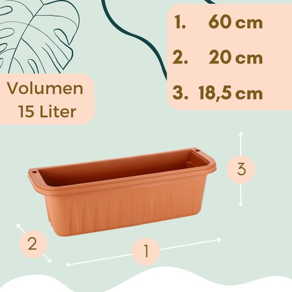 Blumenkasten Balkongeländer Balkon Blumenkasten Balkonkasten mit Halterung Balkonkasten Geländerkasten Balkonkasten mit Wasserspeicher terracotta 60 cm