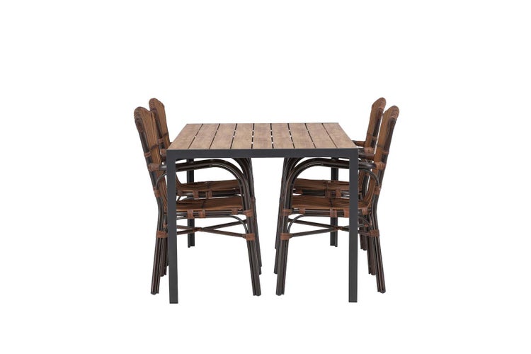 Gartentischset mit vier Rattanstühlen und Tisch mit Holzoptik