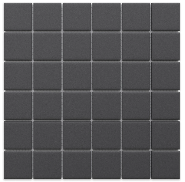 Quadratisches Mosaik aus Feinsteinzeug in Anthrazit mit matter, strukturierter Oberfläche.