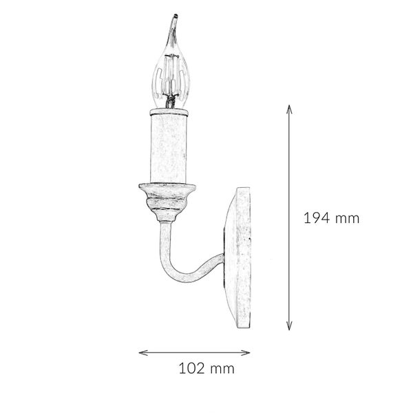 Skizze einer Wandleuchte mit den Maßen 194 mm Höhe und 102 mm Breite