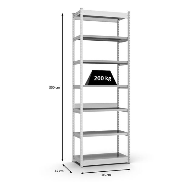 PROREGAL Fachbodenregal Stecksystem Vierkant-Profil Grundregal HxBxT 300 x 102,5 x 40 cm 7 Ebenen Einseitige Bauart Fachlast 200 kg Lichtgrau