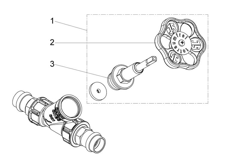 Technische Zeichnung eines Ersatzteilsets für Ventile mit Oberteil, Handrad und Dichtung.