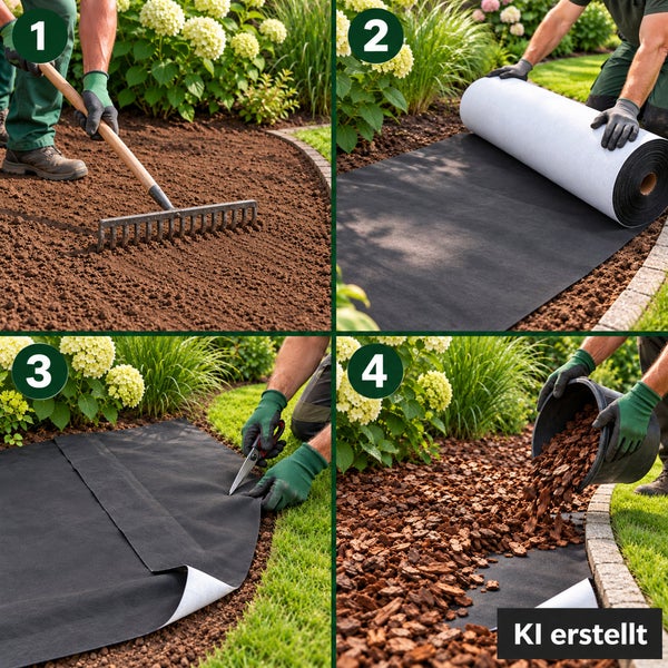 Schritt fur Schritt Anleitung zum Verlegen von Unkrautvlies im Garten mit Harken, Ausrollen, Zuschneiden und Abdecken mit Rindenmulch.