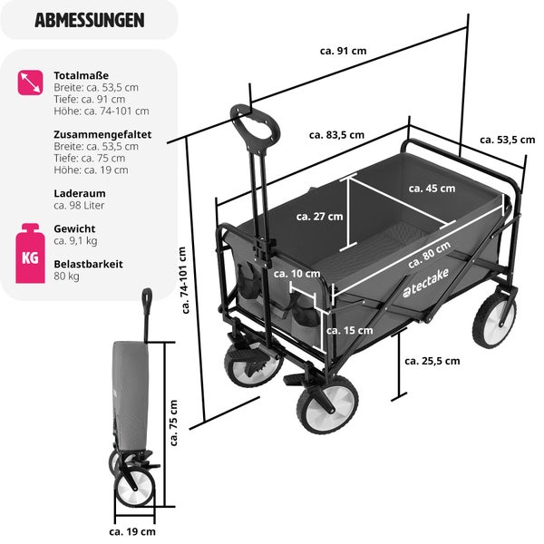 Bollerwagen tectake Leon inklusive Tragetasche, Belastbarkeit 80 kg faltbar grau