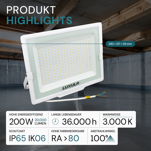 Luxula LED-Flutlichtstrahler mit hoher Energieeffizienz, langer Lebensdauer, Schutzart IP65 IK06 und einem Abstrahlwinkel von 100 Grad.