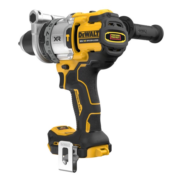 DeWalt 18 Volt XR bürstenloser Akku-Schlagbohrschrauber mit Zusatzhandgriff und Gürtelclip.