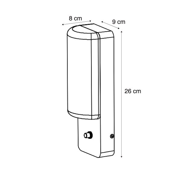 Maßzeichnung einer Außenwandleuchte mit einer Höhe von 26 Zentimetern, einer Breite von 8 Zentimetern und einer Tiefe von 9 Zentimetern.