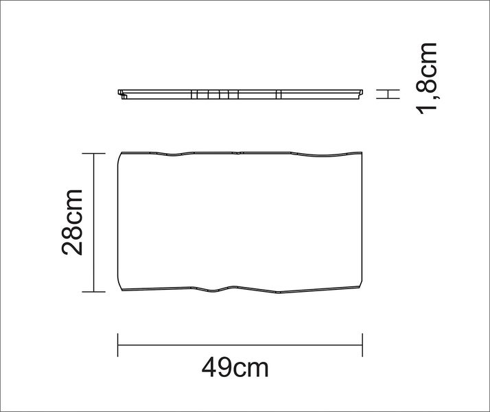 Technische Zeichnung eines Regaleinsatzes mit den Maßen 49 cm Breite, 28 cm Tiefe und 1,8 cm Höhe.