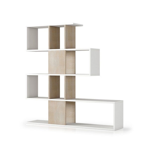 Weißes und hellbraunes Bücherregal im Zickzackdesign