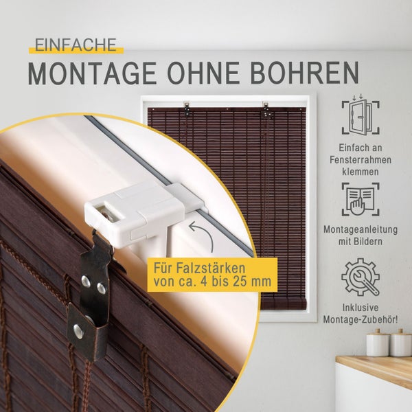Montage eines dunklen Rollos ohne Bohren am Fensterrahmen mit Klemmträgern für Falzstärken von circa 4 bis 25 Millimeter.