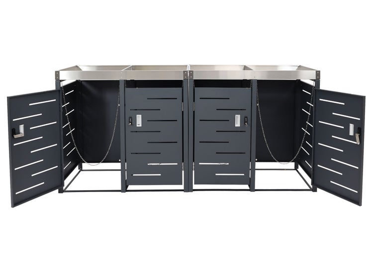 Mülltonnenbox für zwei Mülltonnen mit abschließbaren Türen und Edelstahlplatte