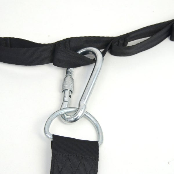 Karabinerhaken aus Metall mit Schraubverschluss, verbunden mit einem D-Ring und schwarzen Gurtbändern.