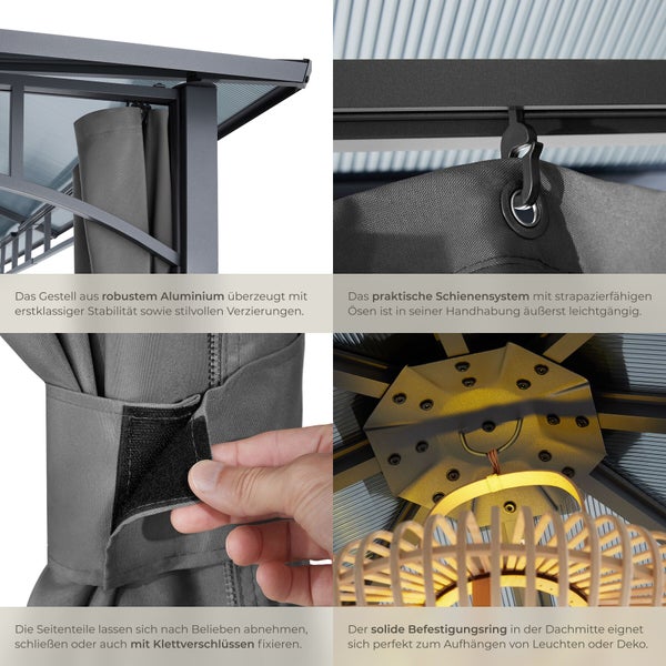 Detailansichten eines Gartenpavillons mit Aluminiumgestell, Schienensystem für Seitenteile, Klettverschlüssen und Befestigungsring für Dekoration.