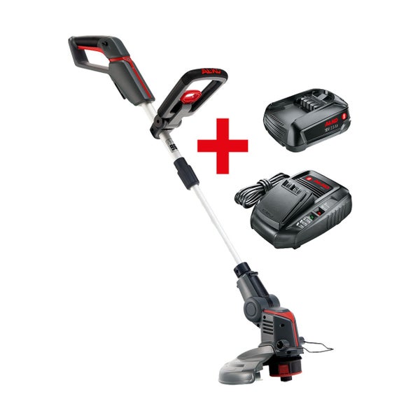AL-KO Akku-Rasentrimmer-Set inklusive 18 Volt Akku mit 2,5 Amperestunden und passendem Ladegerät.